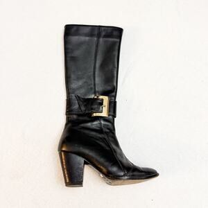 F&M Black Leather Belt Buckle Accent Vintage Gold Boot Shoes Size 7.5/8